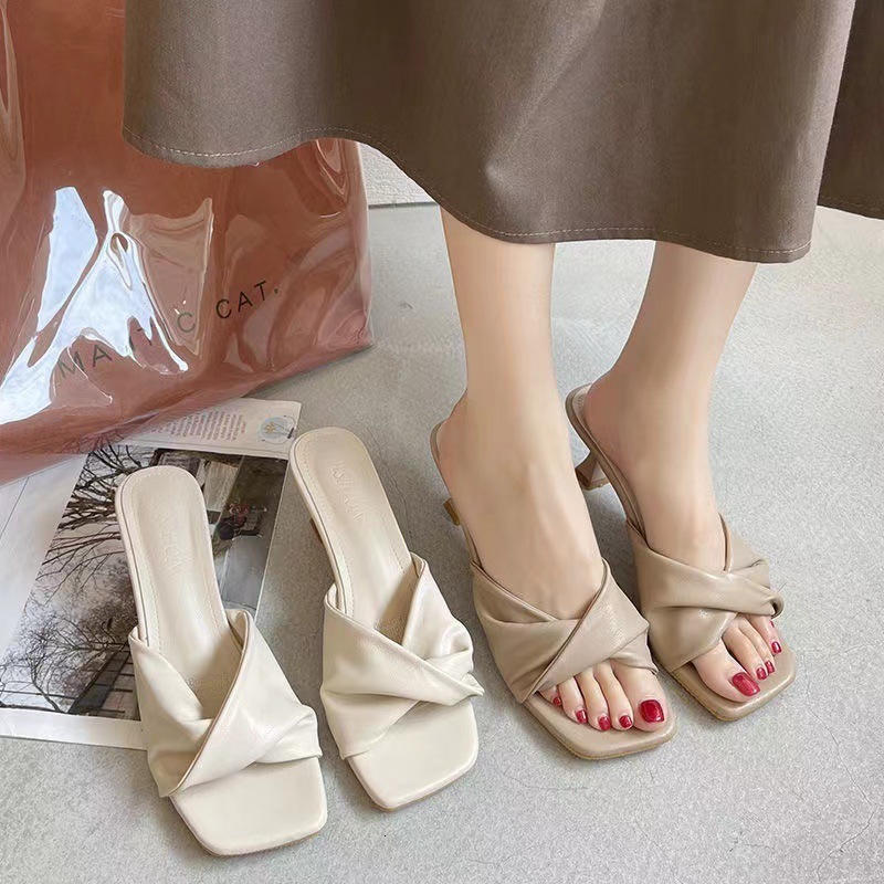 Women Twisted Knot Low Kitten Heel Mules, Square Open Toe Backless Slip On Soft Leather Casual Summer Dress Slide Sandals