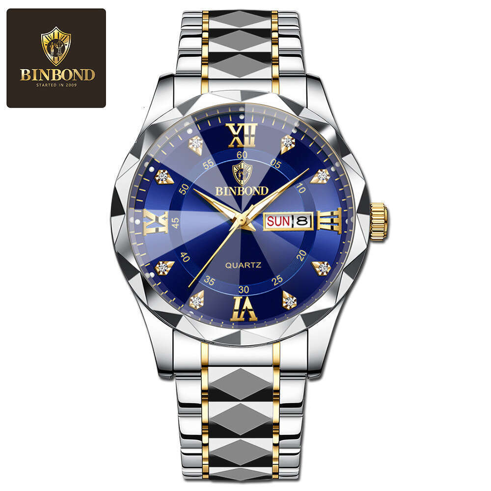 Luxury Brand Designer Clothes BINBOND Genuine Waterproof Luminous Dual Calendar Men's Quartz Watch Diamond-Shaped Pointed Glass