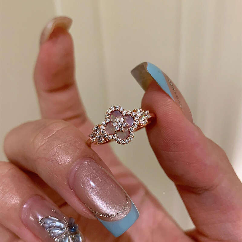 Zircon Mother-Of-Pearl Rhombus Three-Petal Grass Open Fashion Trend Index Finger Ring Elegant Versatile Sweet Hand Jewelry Wholesale