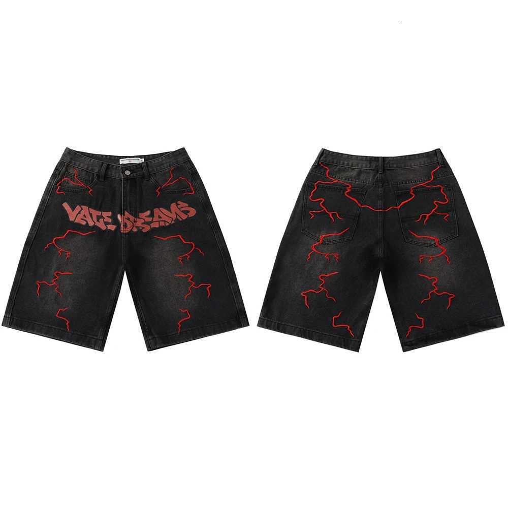 Skittle Printed Colorful Letter Lightning Embroidery Denim Washed Loose Shorts for Men Harajuku Streetwear Baggy Jeans Oversized X260417 - view 3