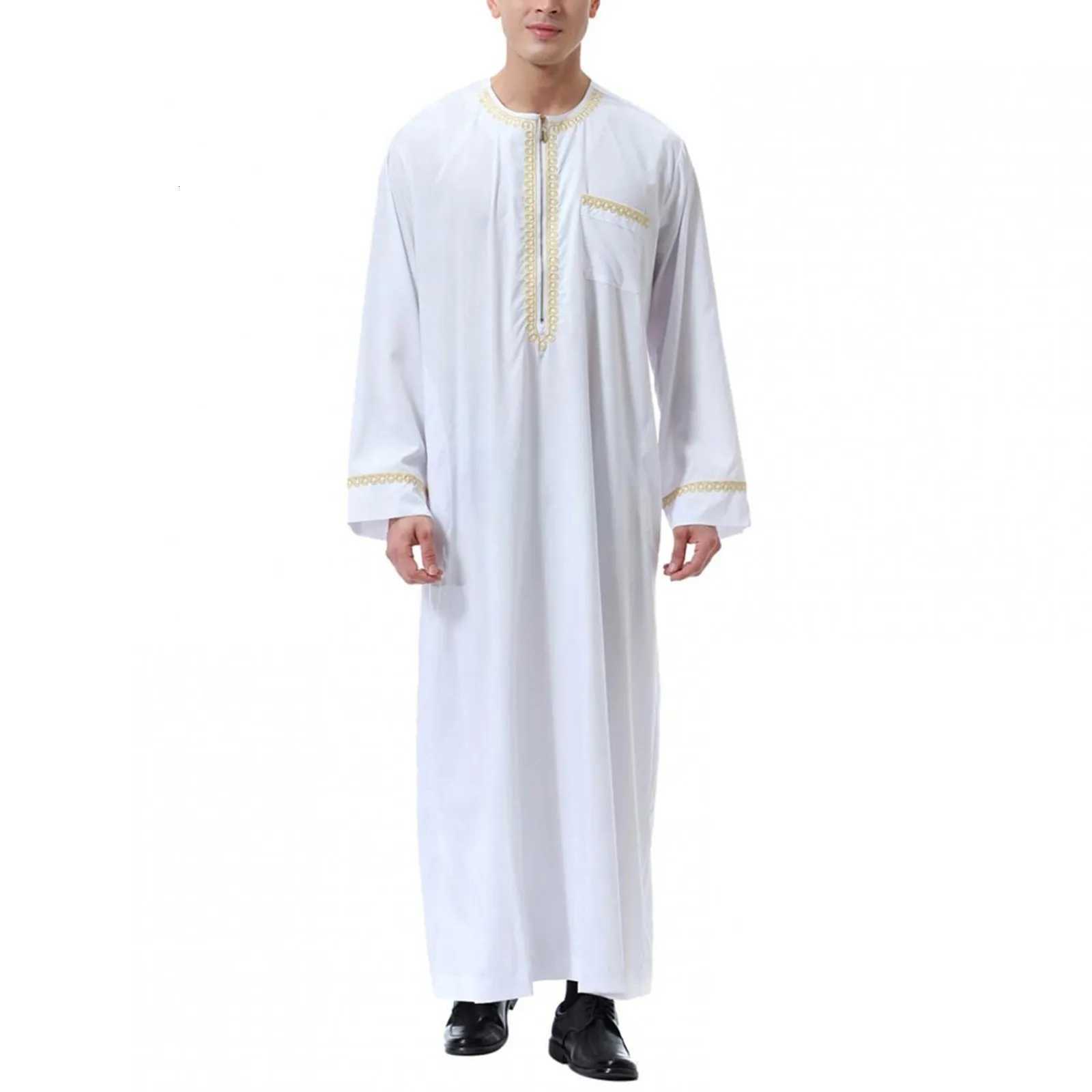 Traditional Muslim Clothing Mens Muslim Shirt robe embroidery Islamic Royalty Dubai Robe O-Neck Long Sleeve Retro Loose Abaya W251216