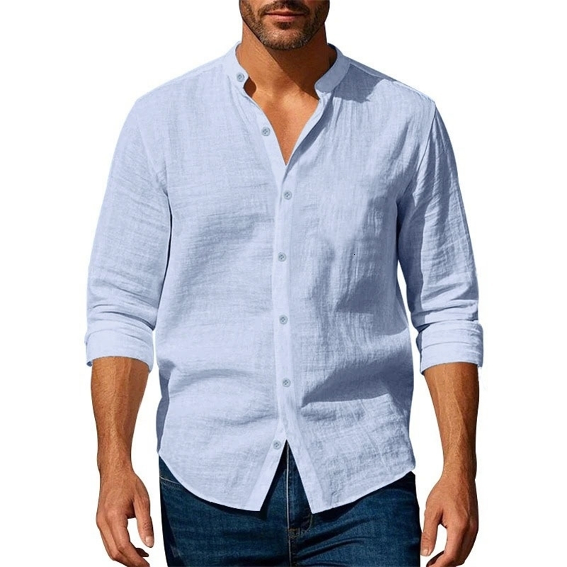 Cotton Linen Shirt for Men Henley Neck Solid Color Lightweight Breathable Slim Fit Single Breasted Shirt Long Sleeve Button Up 260416