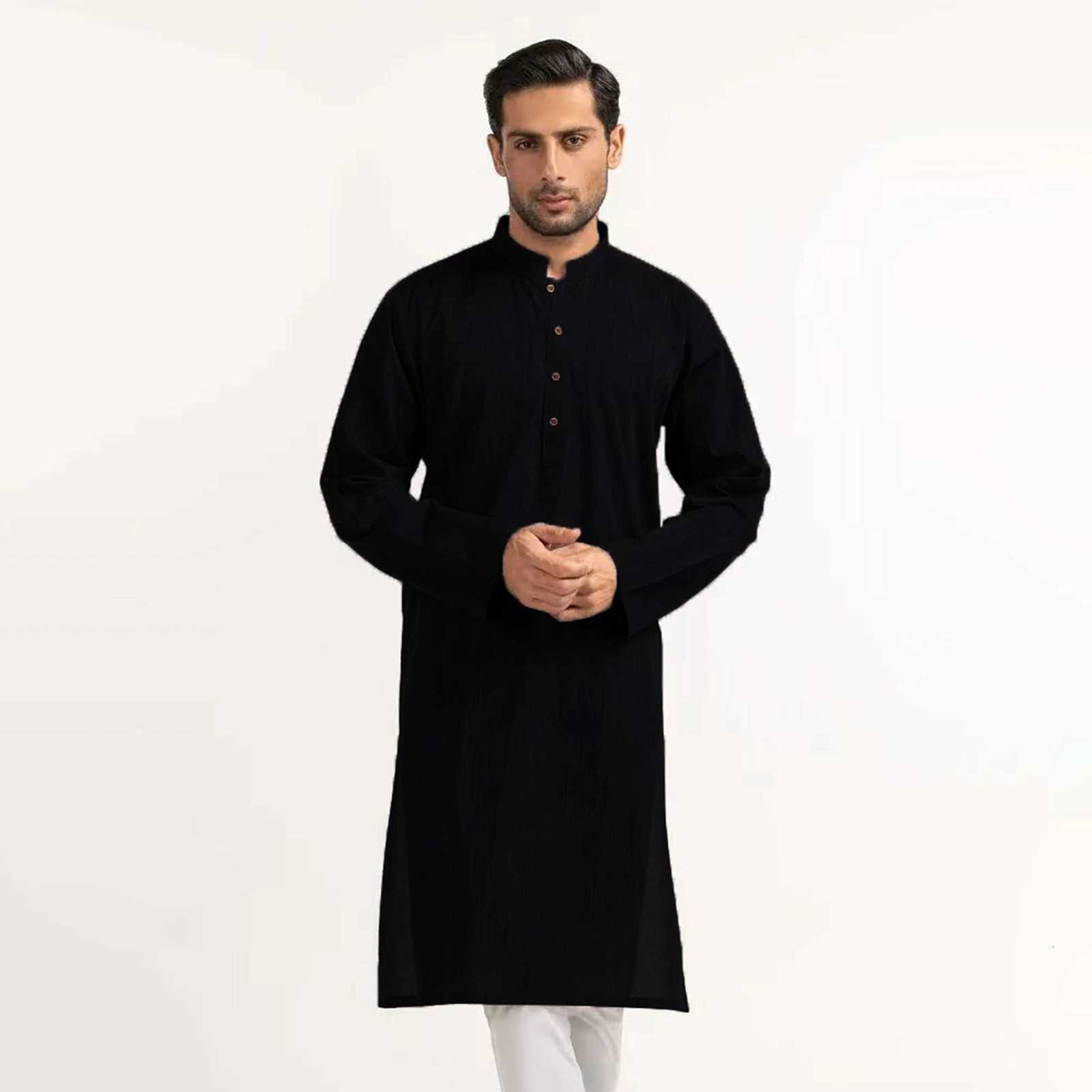 Mens stand-up collar black Muslim robe mid-length personality casual fashion solid color shirt traditional mens clothing W251216