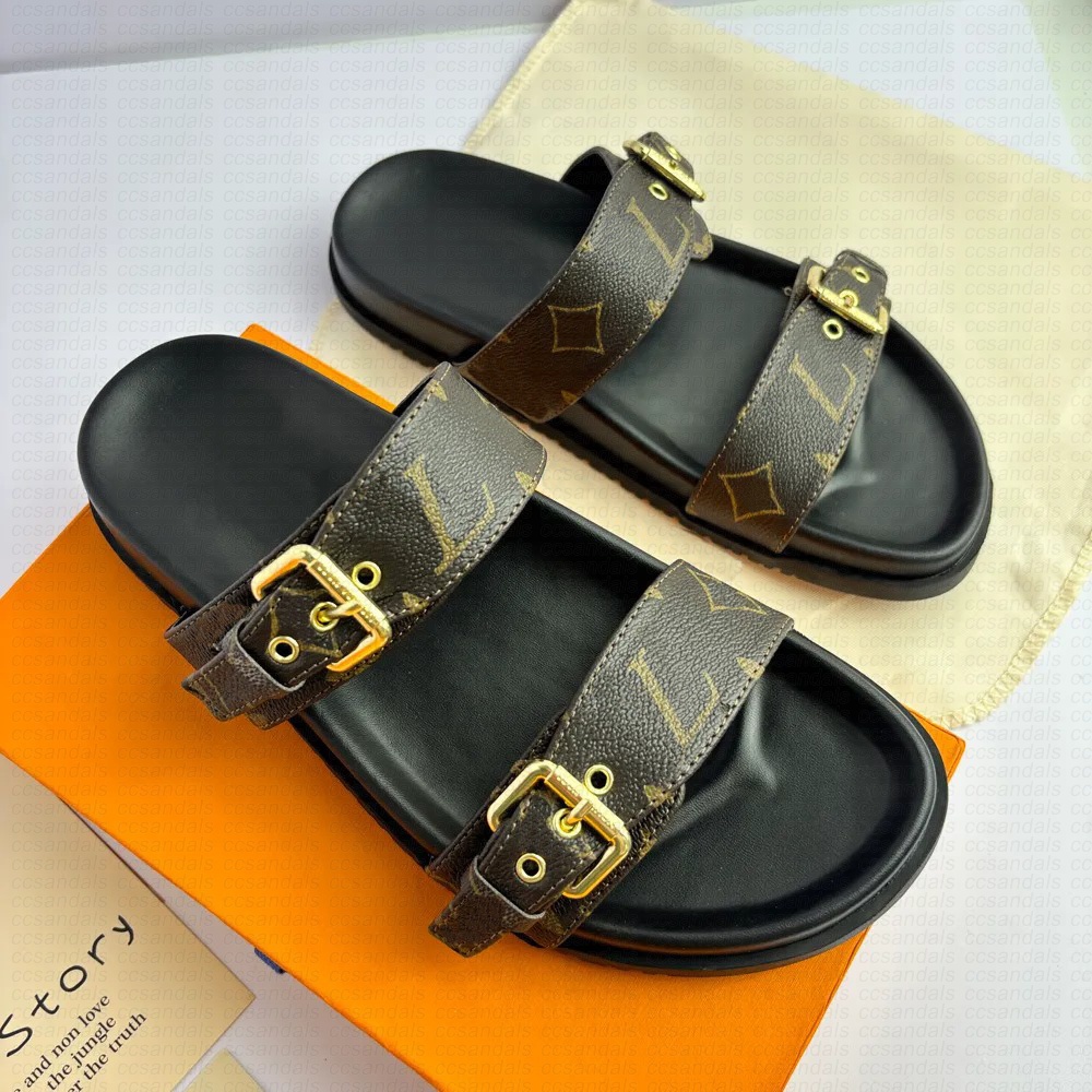 Bom Dia Genuine Leather sandal Slipper Casual Shoe summer beach gladiator Mules hasp New womans Flat Slide luxury Designer Sliders sandale 35-45