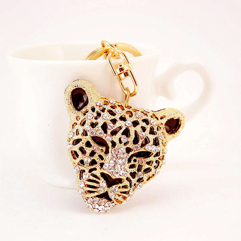 Creative Craft Inlaid Diamond Leopard Head Car Keychain Accessory Crystal Animal Pendant Small Gift 313