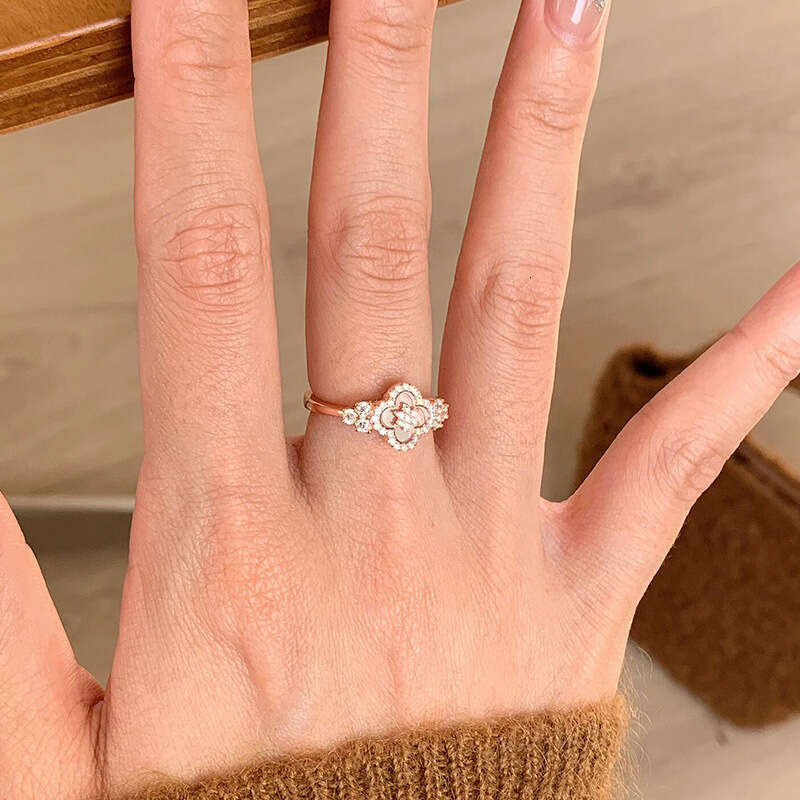 Zircon Mother-Of-Pearl Rhombus Three-Petal Grass Open Fashion Trend Index Finger Ring Elegant Versatile Sweet Hand Jewelry Wholesale