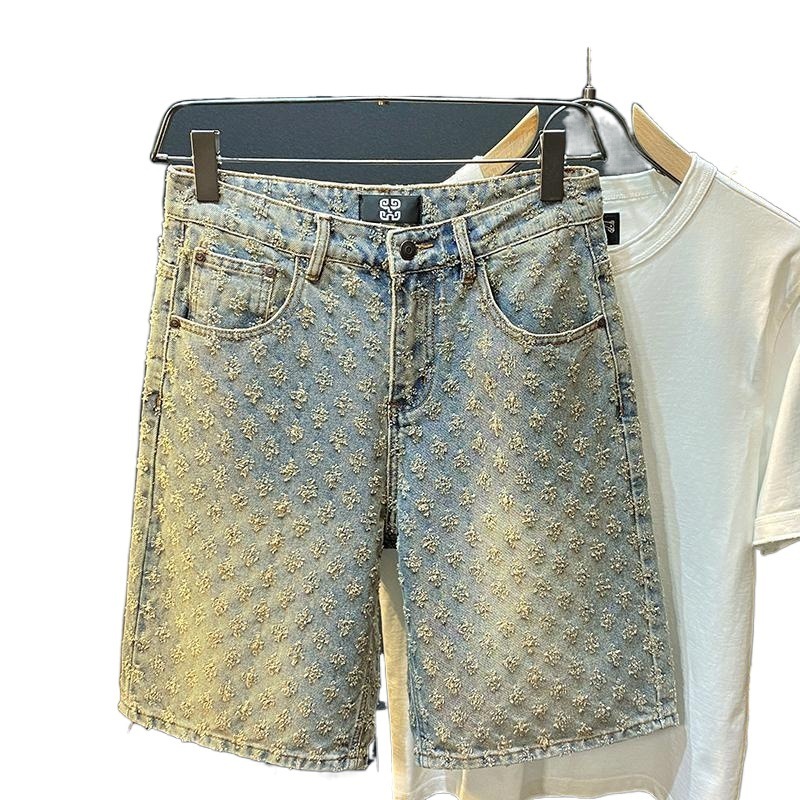 jeans for mens designer American Style New Denim Shorts Men Summer Loose Straight Ripped Jacquard High-end Feel Five-point Mid-length Pants mens cloth