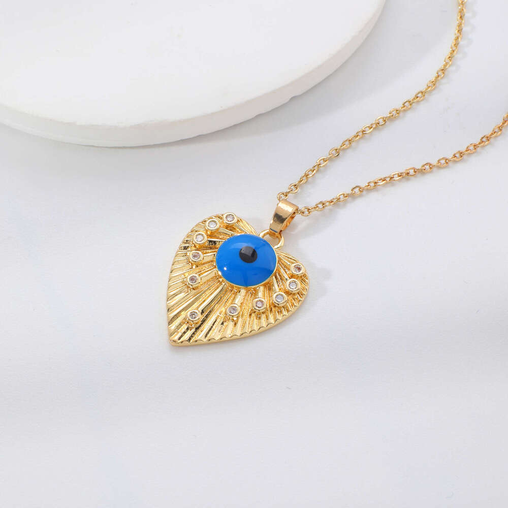 Kashi Cross-Border Pleated Heart Geometric Blue Eye Pattern Exquisitely Designed Zircon Necklace Wholesale Birthday Gift