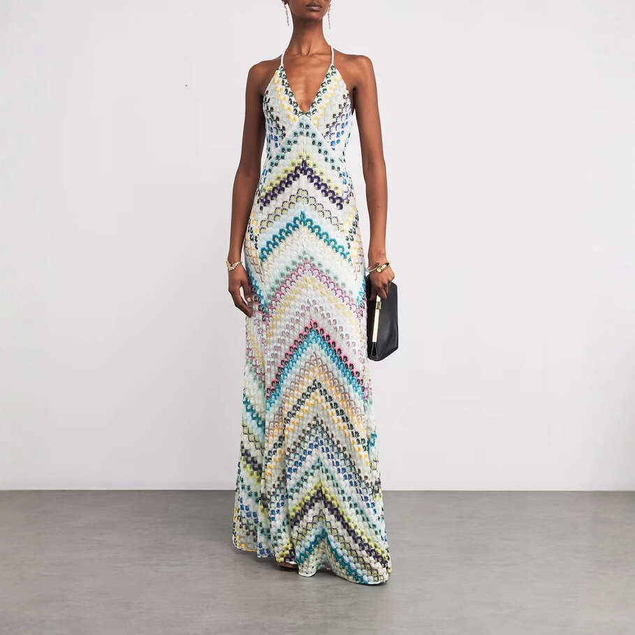 Women's Multicolor Crochet Halter Maxi Dress, V-Neck Sleeveless Chevron Pattern Knit Dress, Bohemian Beach Cover-Up for Summer Vacation