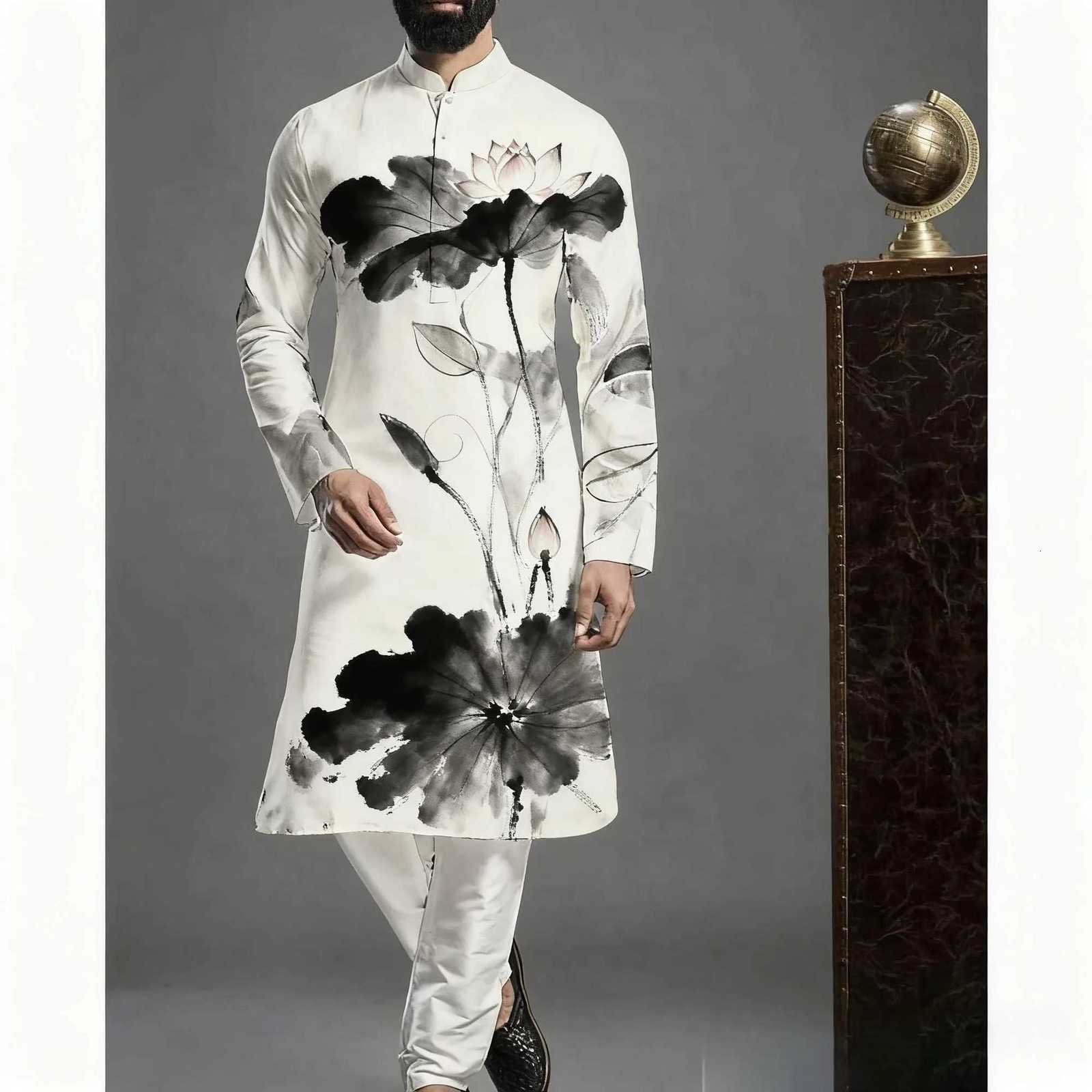 Mens Islamic Arabic Abaya Robe Ethnic Print Stand Collar Youth Mid-length Shirt Luxury Coat Casual Turkish Suit For Men W251216