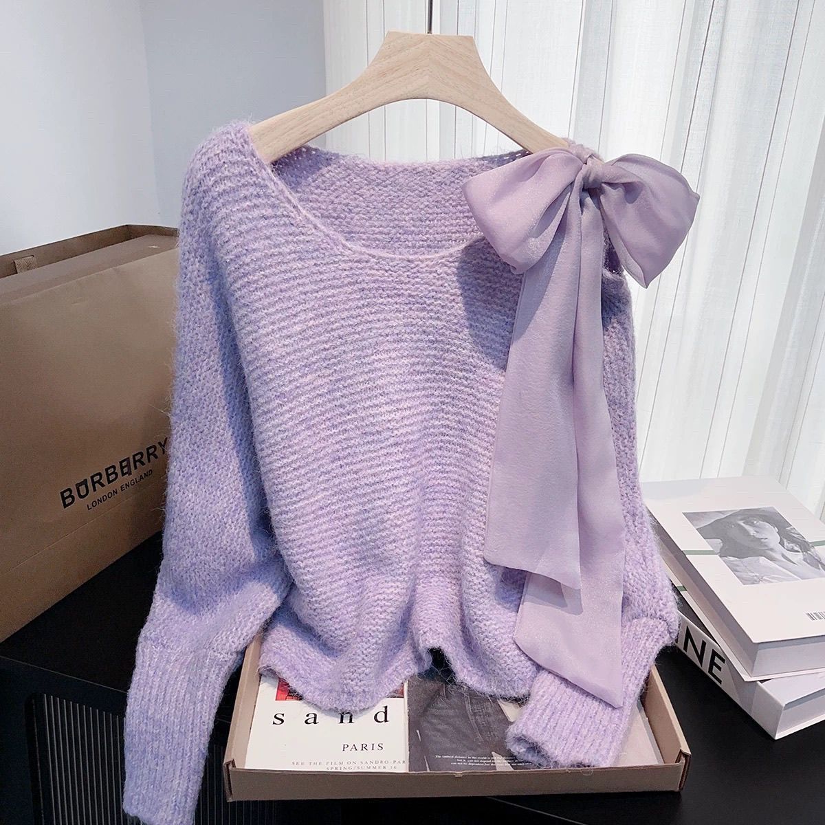 Lazy Style Sweet Bow Batwing Sleeve Sweater Autumn Winter Loose Short Cute Top for Women 260417 - view 5