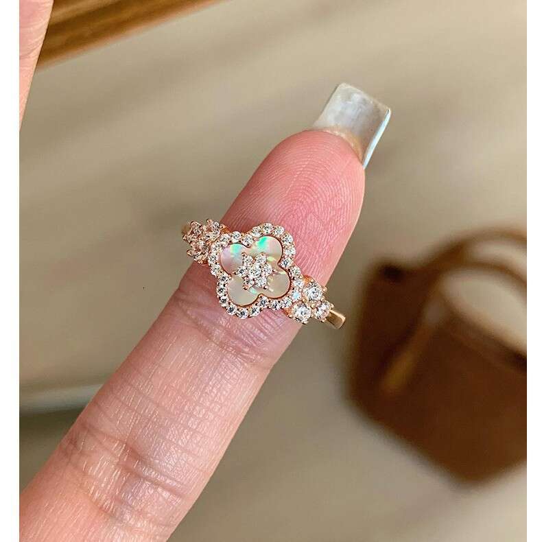 Zircon Mother-Of-Pearl Rhombus Three-Petal Grass Open Fashion Trend Index Finger Ring Elegant Versatile Sweet Hand Jewelry Wholesale