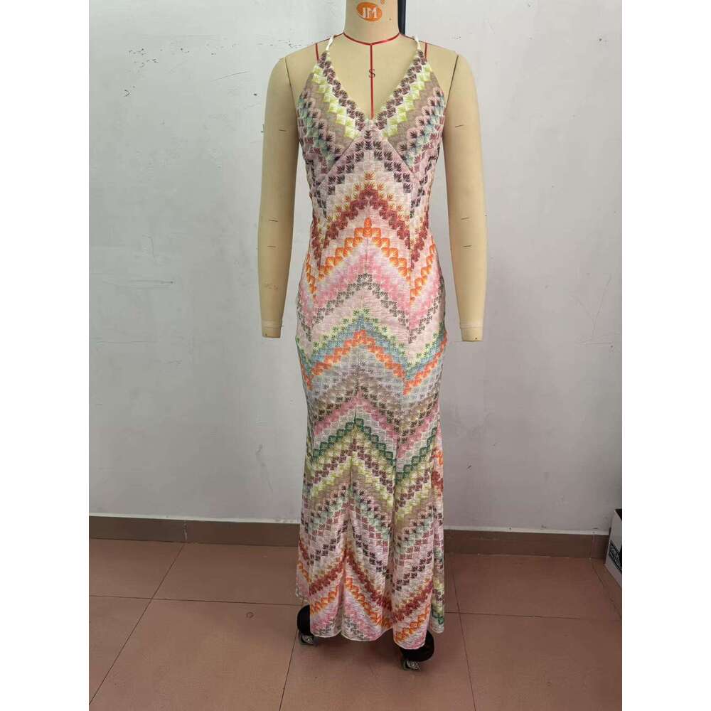 Women's Multicolor Crochet Halter Maxi Dress, V-Neck Sleeveless Chevron Pattern Knit Dress, Bohemian Beach Cover-Up for Summer Vacation