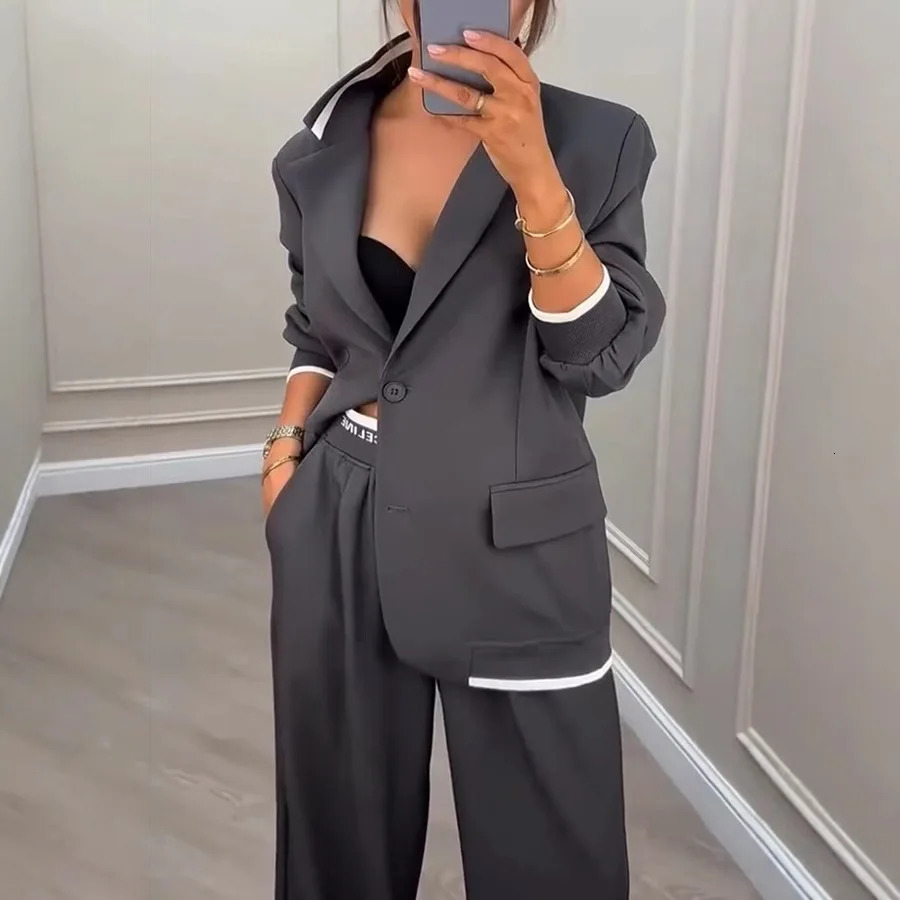 Elegant Dark Gray Acetate Women's Blazer and Wide Leg Pants Set - Relaxed Fit Two-Piece Suit for Business - view 5