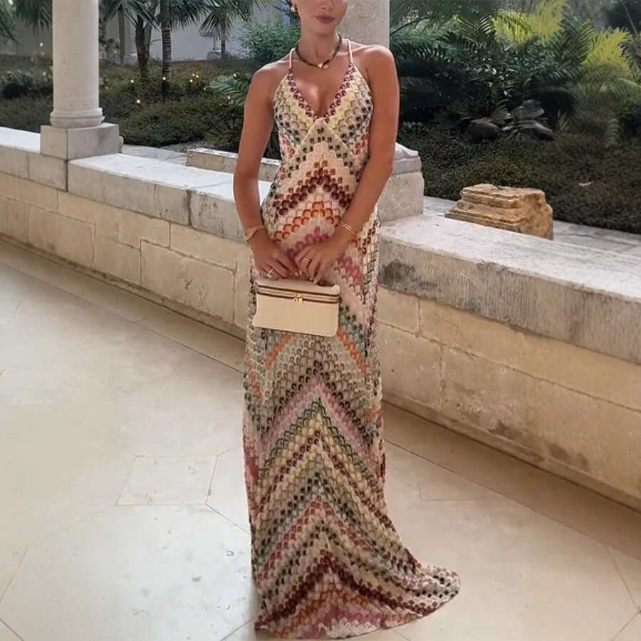 Women's Multicolor Crochet Halter Maxi Dress, V-Neck Sleeveless Chevron Pattern Knit Dress, Bohemian Beach Cover-Up for Summer Vacation
