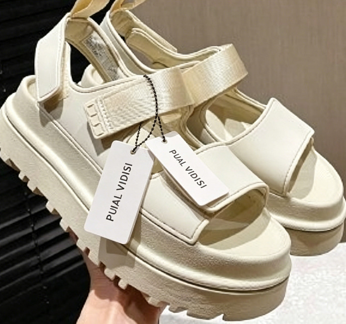 Women's Beige Velcro Platform Sandals Casual Summer Shoes Summer New Women's Casual Thick-Soled Shoes Open-Toe Velcro Buckle Sandals