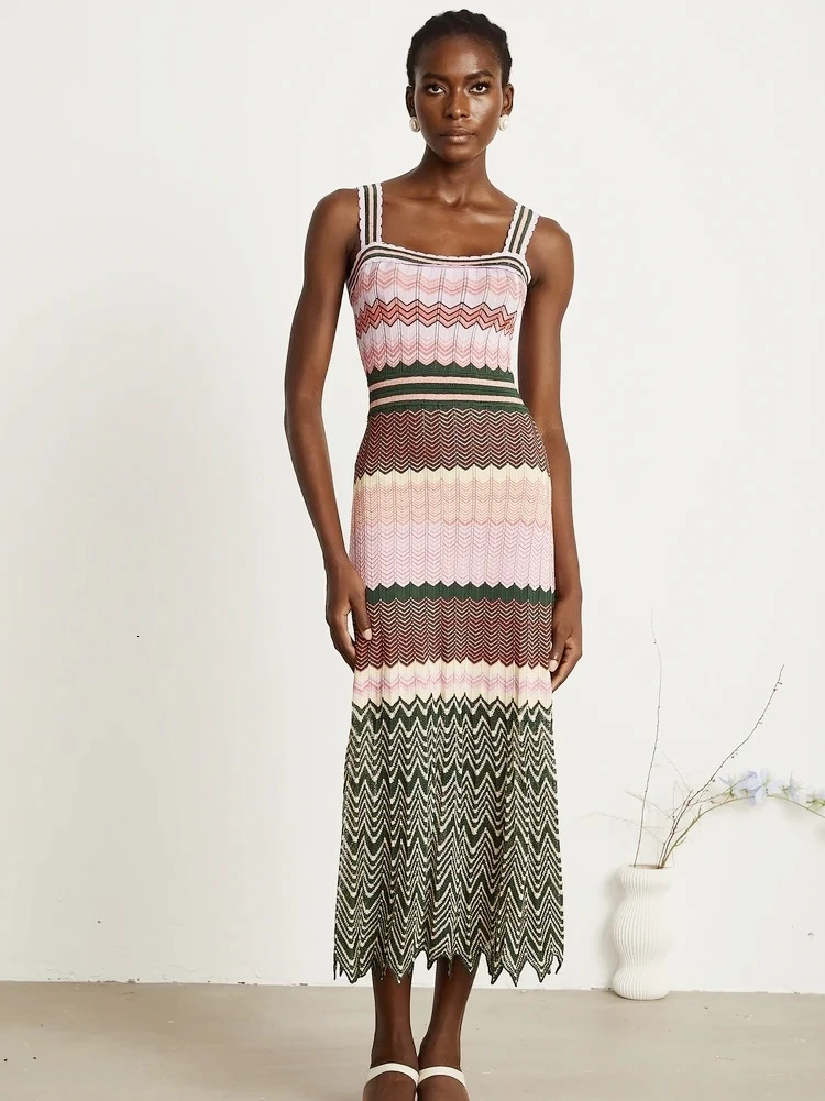 Knitted Zigzag High Elasticity Color Sleeveless Long Maxi Dress Women Arab Africa Boho Lady Skirt 260416