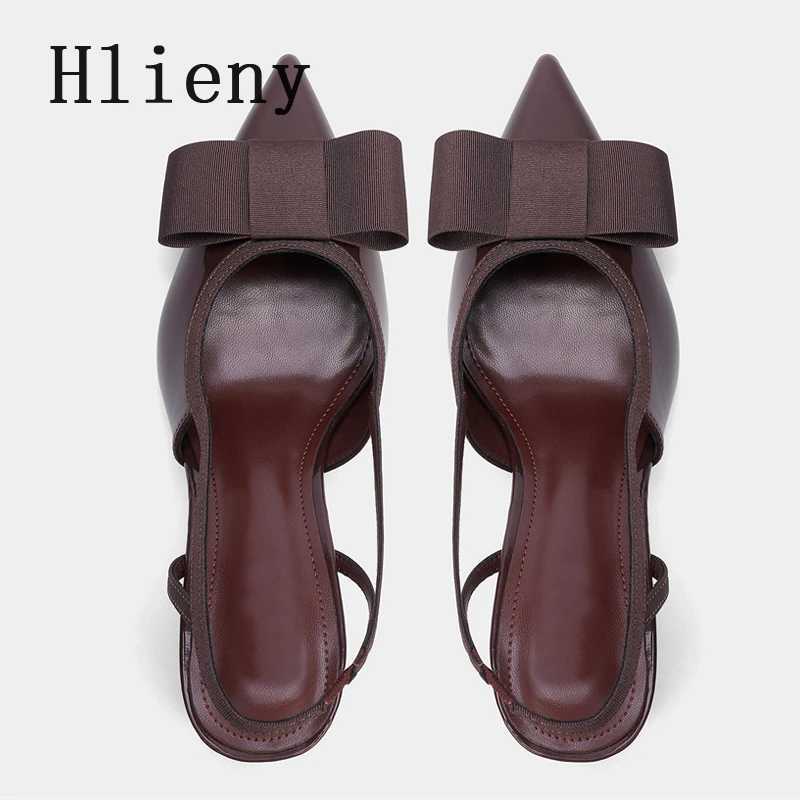 Hlieny Vintage Brown Elastic Butterfly Knot Designer High Heels Sandals Patent Leather Pointed Toe Slingbacks Shoes Women Pumps X260417