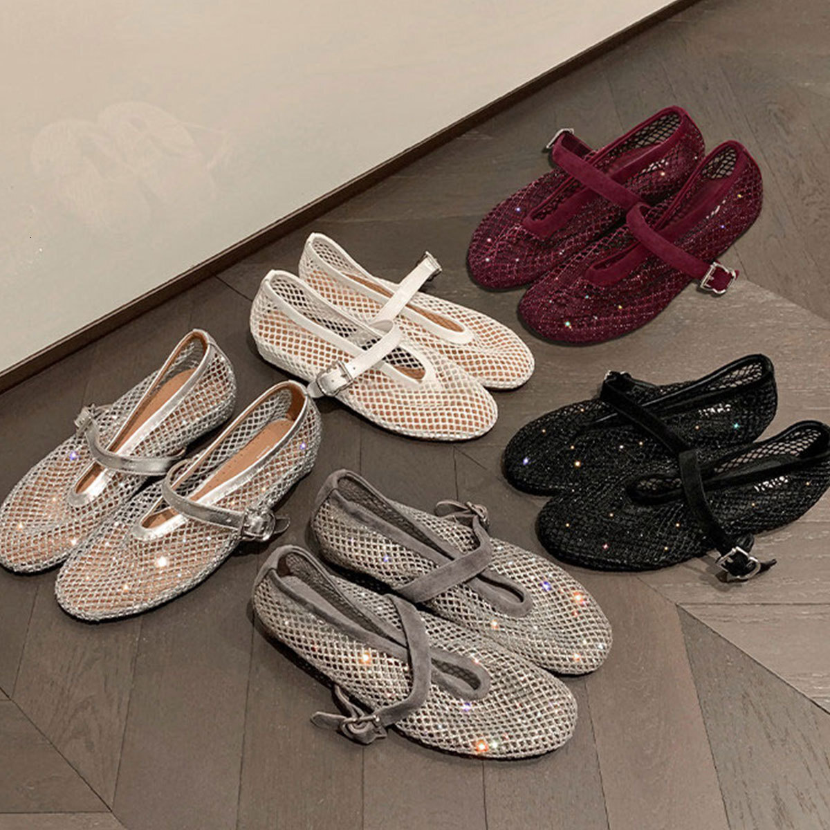 Mesh Rhinestone Mary Jane Mules For Women Breathable Hollow Out Flat Slippers With Adjustable Buckle Strap Casual Summer Shoes