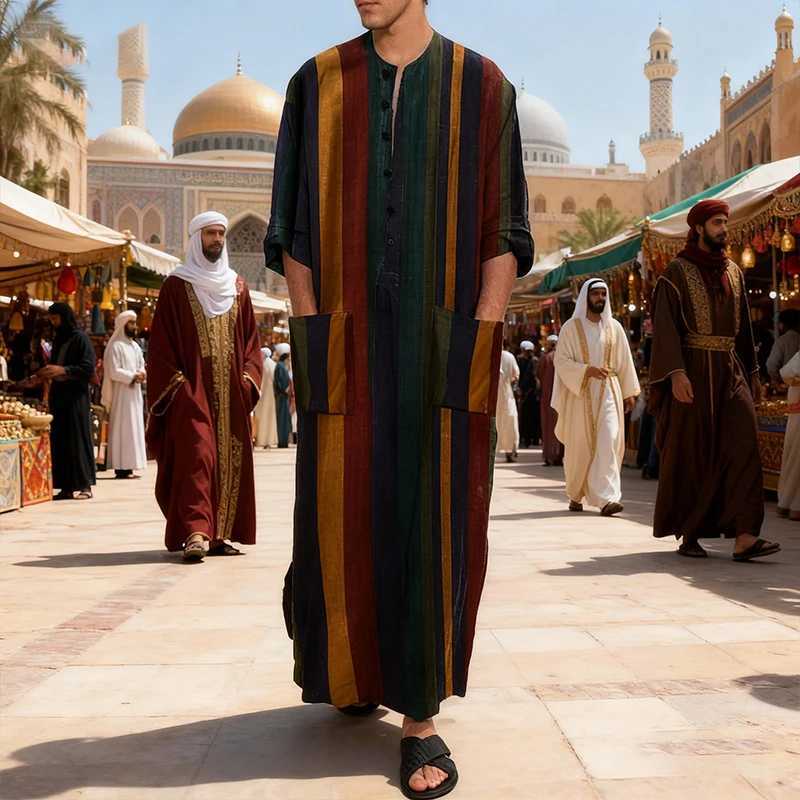 New Men Islam Qamis Muslim Striped Robes Long Sleeve Button-down Arabian Kaftan Suit Middle East Dubai Abaya Summer Man Clothing W251216
