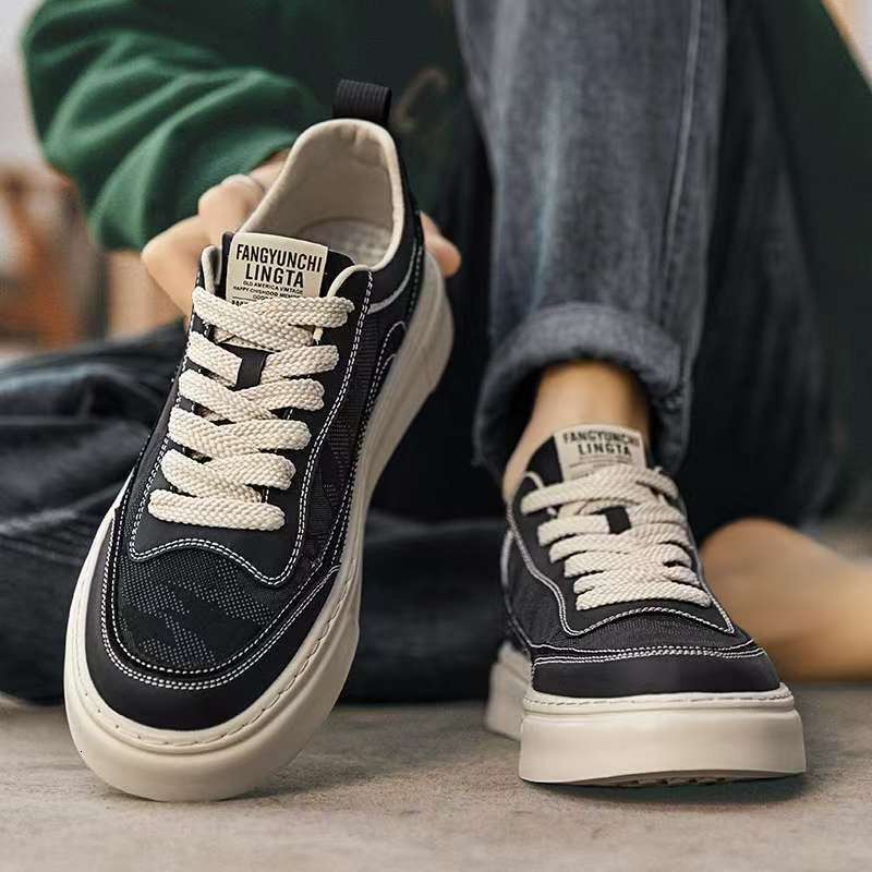 Canvas men's winter breathable and odor-resistant black cloth shoes, popular camouflage sneakers, non-slip height-increasing casual sports trendy