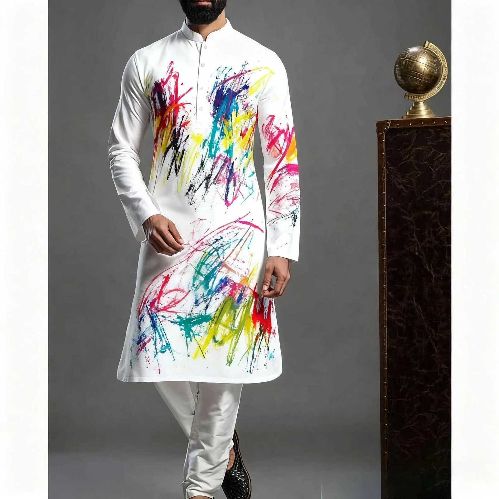 Men Islamic Arabian Patchwork Striped Embroidery Eid Muslim Long Robe Jubba Casual Loose Muslim Dress Men Abayas W251216