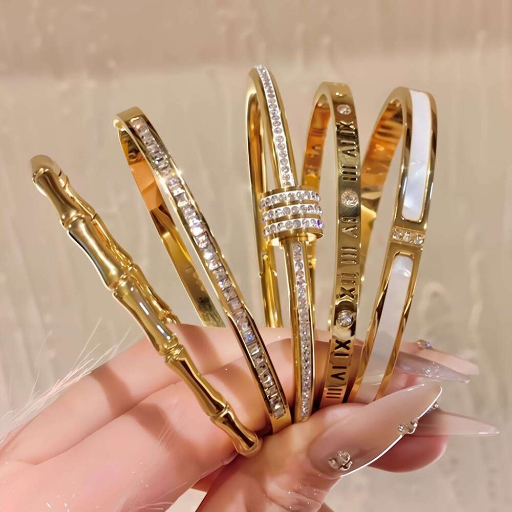 Titanium With Diamond Inlay, Open For Women, 18K Real Gold Plated, Non-Fading Bracelet, Wholesale Stainless Steel Bracelet