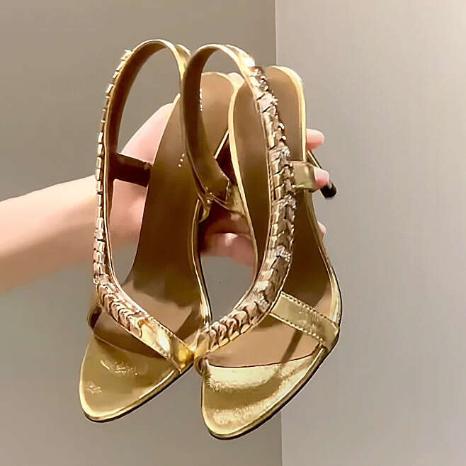 High-end 2026 Spring New Style Ultra High Heel Metal Rhinestone Side Hollow Open-Toe Sandals Sexy Silk Stiletto Women's Shoes