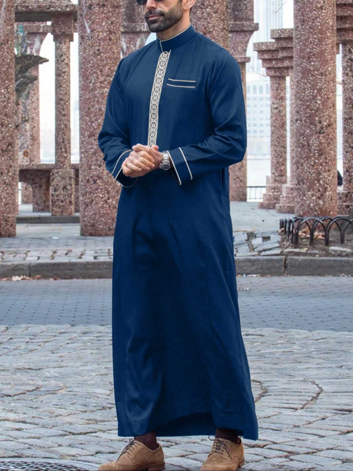Arabic Robe Muslim Mens Thobe Prayer Dress Festive Clothes Stand Collar Long Sleeve Embroidered Ethnic Style Islamic Clothing W251216