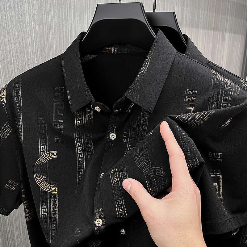 2026 Luxury High-End Designer Apparel Gold-Embossed Shirt For Men, New Summer Casual Fashion Short-Sleeve Versatile Floral Short Shirt, Trendy Men