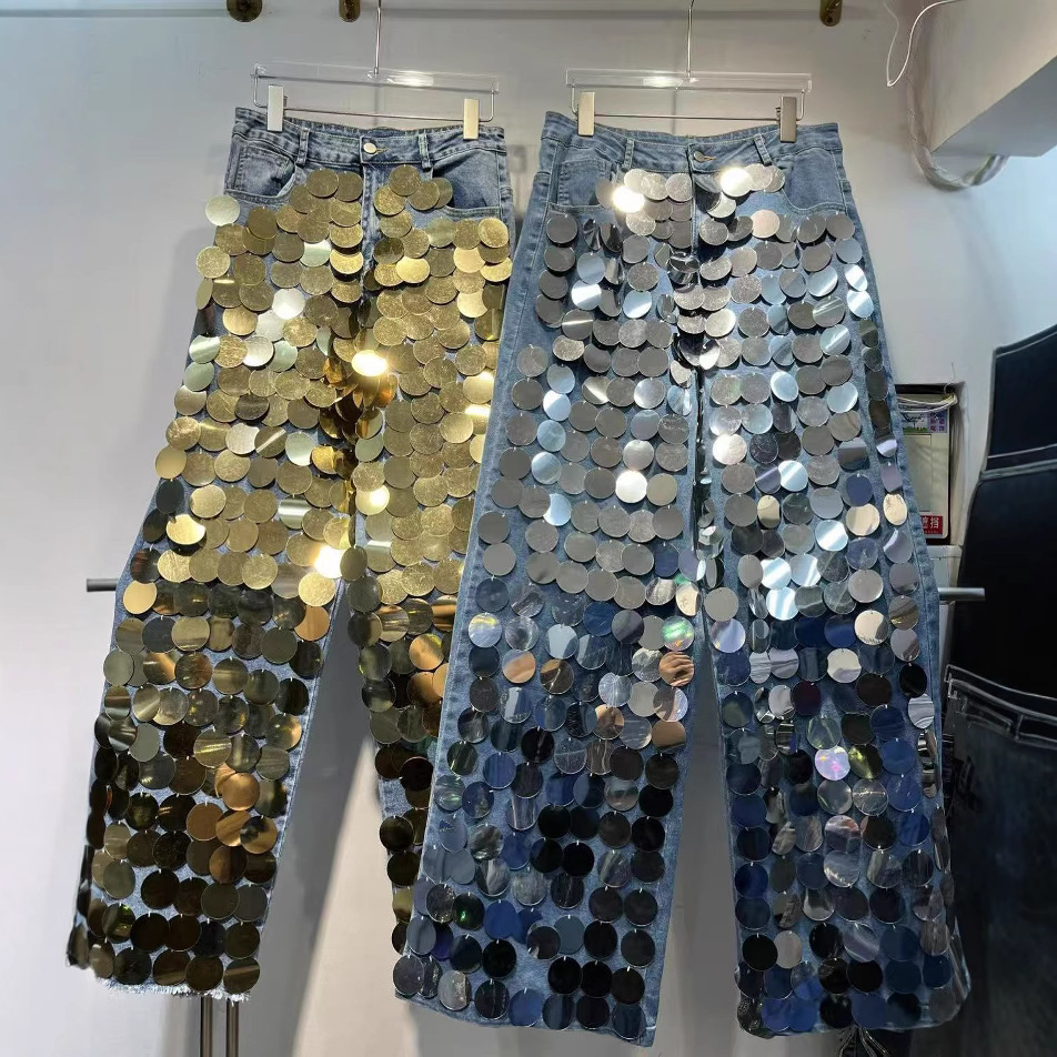 High-end unique sequined handcrafted heavy-decorated straight-cut slimming street-style high-waisted womens jeans 251009