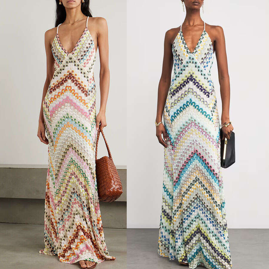 Women's Multicolor Crochet Halter Maxi Dress, V-Neck Sleeveless Chevron Pattern Knit Dress, Bohemian Beach Cover-Up for Summer Vacation