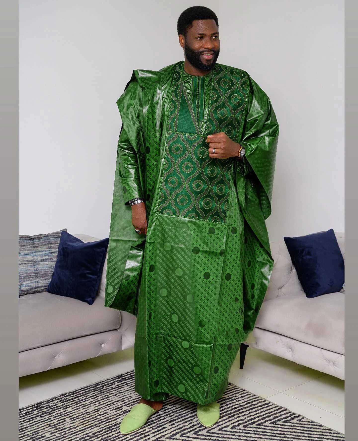 African Clothes For Men Traditional Bazin Riche Embroidery Design Top Long Sleeve 3 Piece Set W251216