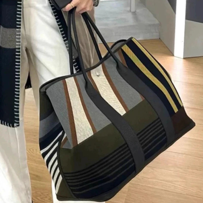 y Striped Canvas Tote Bag with Leather Trim and Rolled Handles Large Garden Party Shopping in High Quality Materials 260416
