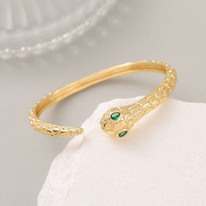European And American Style Personalized Light Luxury Snake-Shaped Open Cross-Border Four-Leaf Clover Bracelet, 14K Gold, Pure Copper Material, Zircon