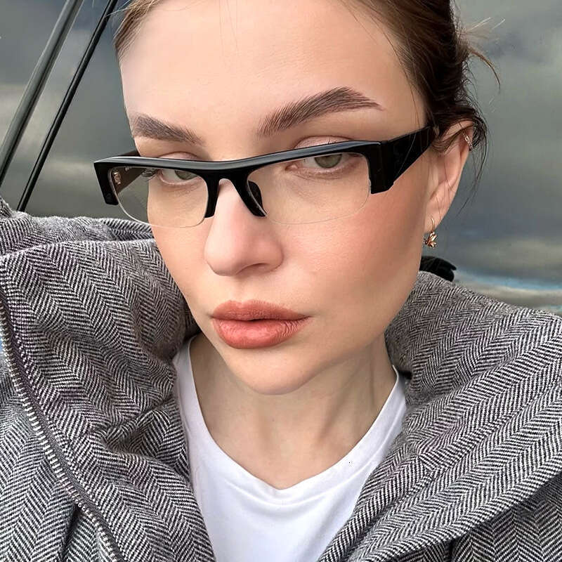 Designer Square Half-Frame Glasses Women Vintage Small Narrow Thick Temple Non-Prescription Eyewear