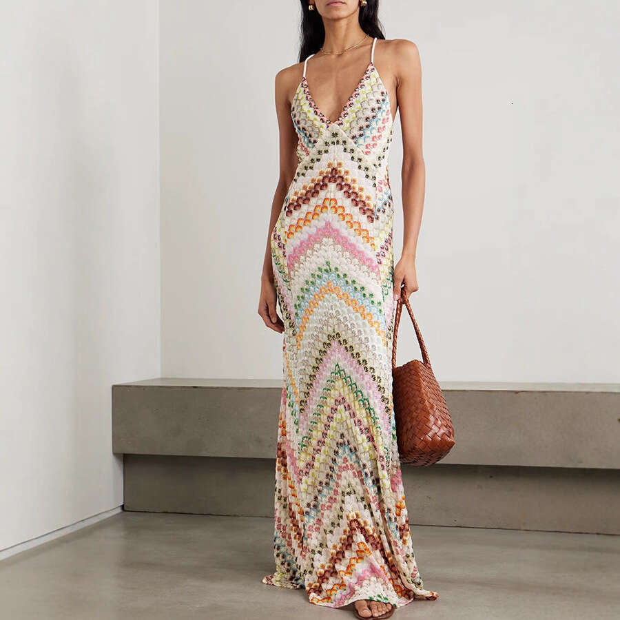 Women's Multicolor Crochet Halter Maxi Dress, V-Neck Sleeveless Chevron Pattern Knit Dress, Bohemian Beach Cover-Up for Summer Vacation