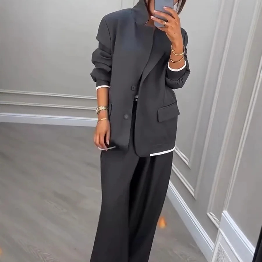 Elegant Dark Gray Acetate Women's Blazer and Wide Leg Pants Set - Relaxed Fit Two-Piece Suit for Business - view 4