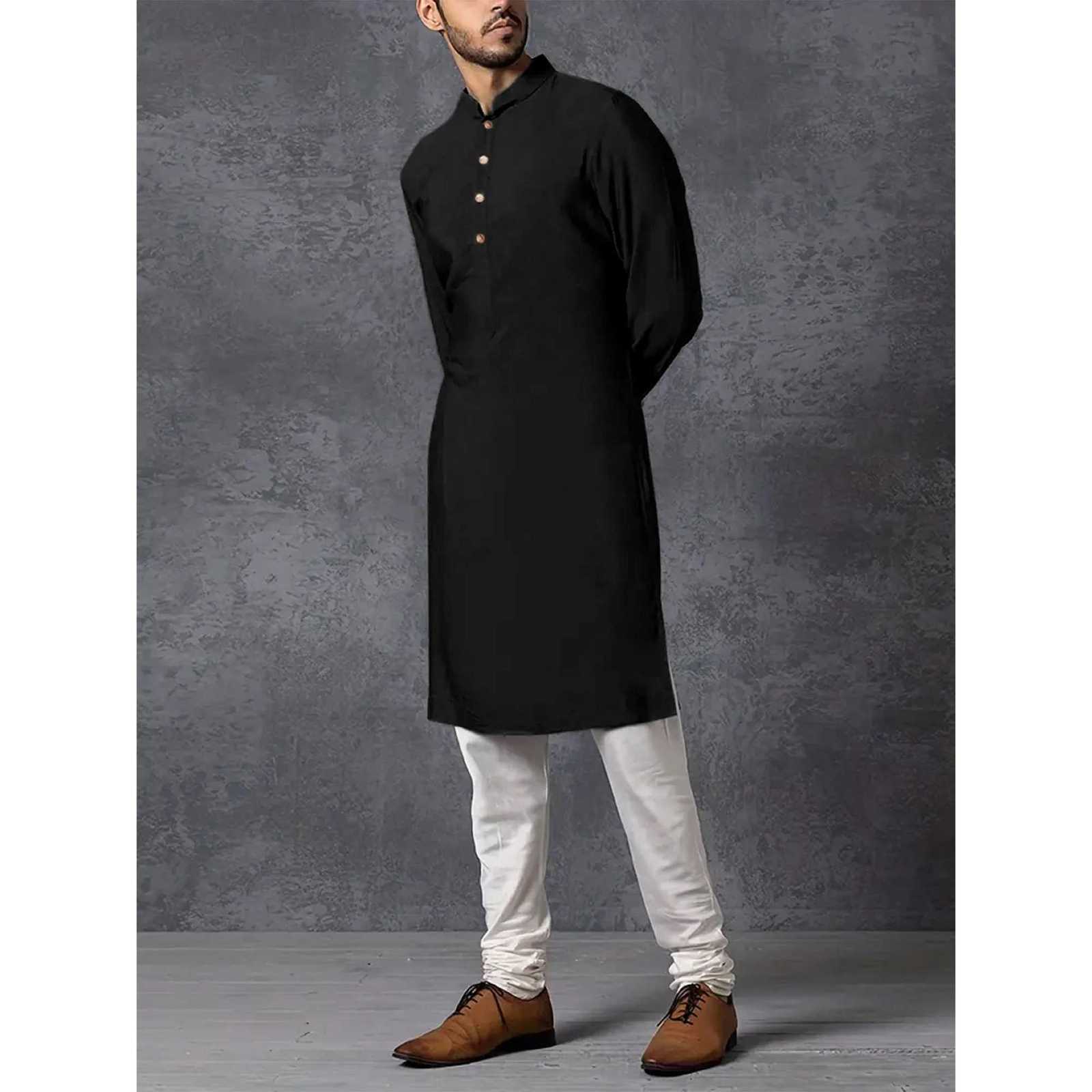 Mens casual stand-up collar black Muslim robe medium-length personalized fashion solid color shirt mens traditional clothing W251216