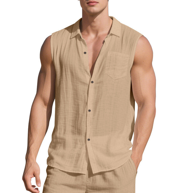 Fashion Turn-down Collar Linen Shirt for Men Summer Thin Loose Simple Casual Sleeveless Cardigan T-shirt Vest 260417 - view 5