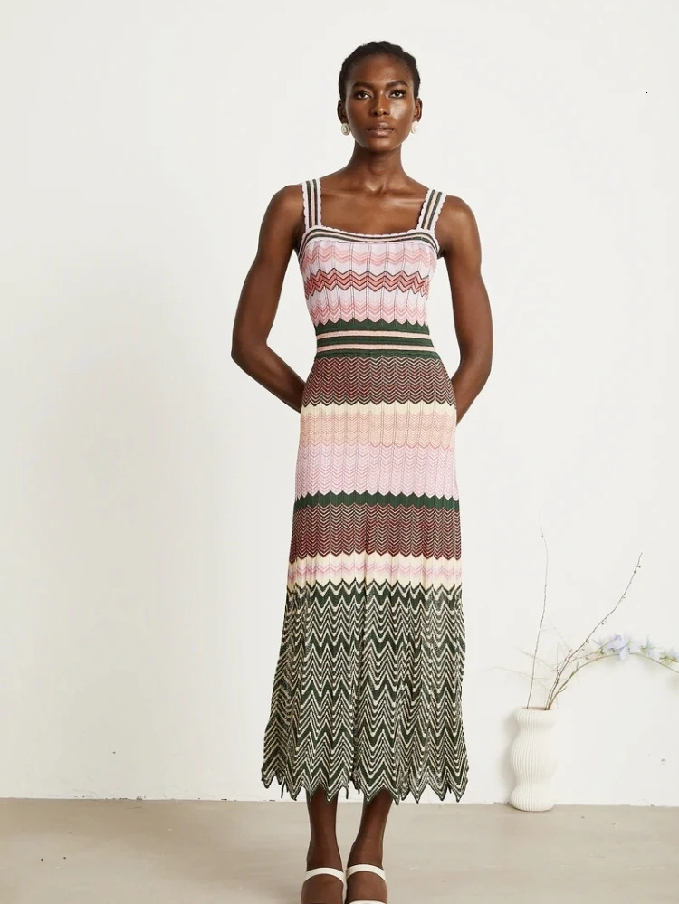 Knitted Zigzag High Elasticity Color Sleeveless Long Maxi Dress Women Arab Africa Boho Lady Skirt 260416