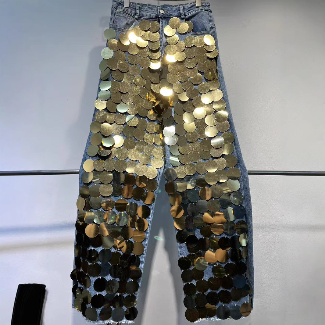 High-end unique sequined handcrafted heavy-decorated straight-cut slimming street-style high-waisted womens jeans 251009