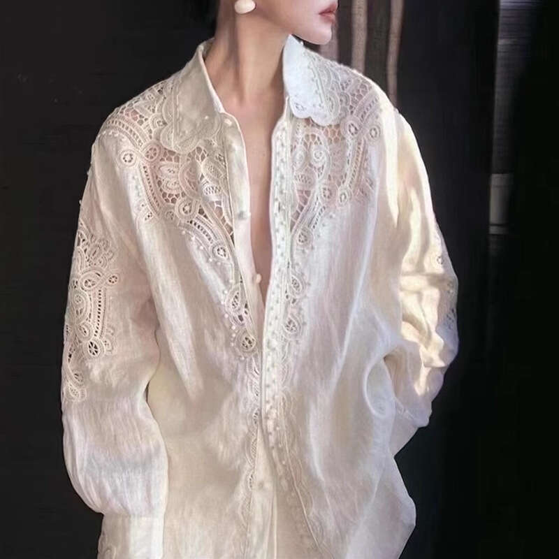 2026 New High-End Luxury Designer Women's Wear, Hollow-Out White Blouse, Elegant & Capable Loose Autumn Top, Fashion Office & Commute Style MAKOU