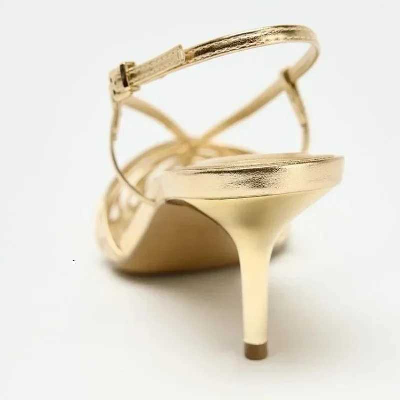Luxury Gold Narrow Strap Hollow High Heels Women Sexy Pointed Toe Backless Designer Sandals Elegant Fashion Banquet Wedding Shoe X260417