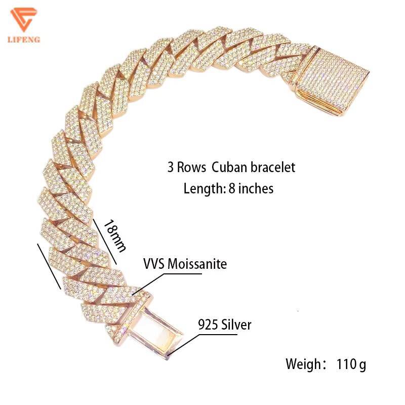12mm 15mm 18mm Miami Hip Hop 925 Silver Bracelet Gold Plated Moissanite Cuban Link for Men and Women