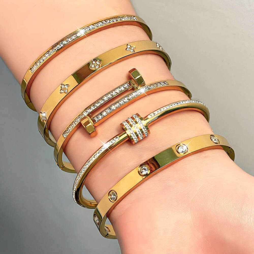 Titanium With Diamond Inlay, Open For Women, 18K Real Gold Plated, Non-Fading Bracelet, Wholesale Stainless Steel Bracelet
