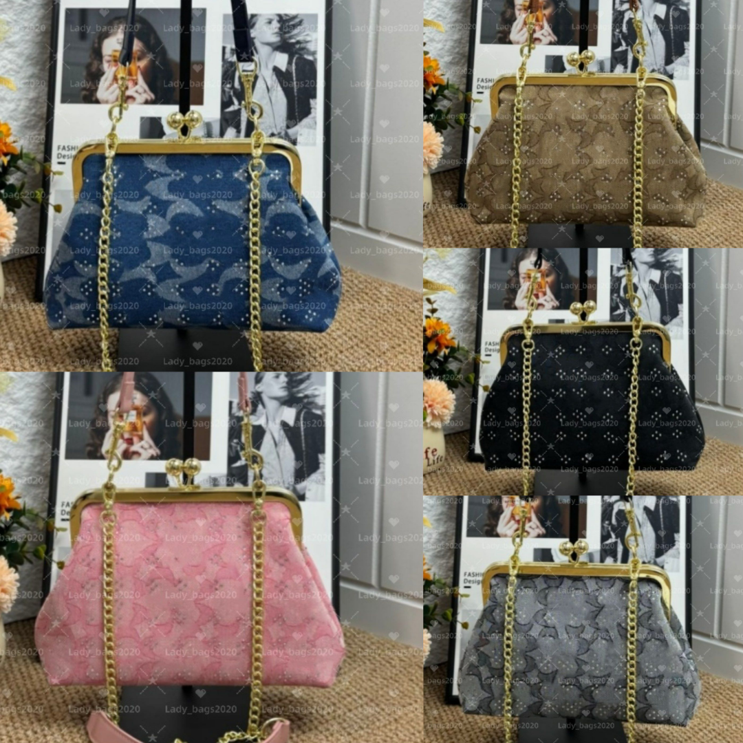 Crystals Kisslock Clasp Bags Rhinestone Half Month Tabby Bag Kiss Lock Teri Chain Handbag Designer Diamond Bag Luxury Letters Women Shoulder Crossbody Purses New