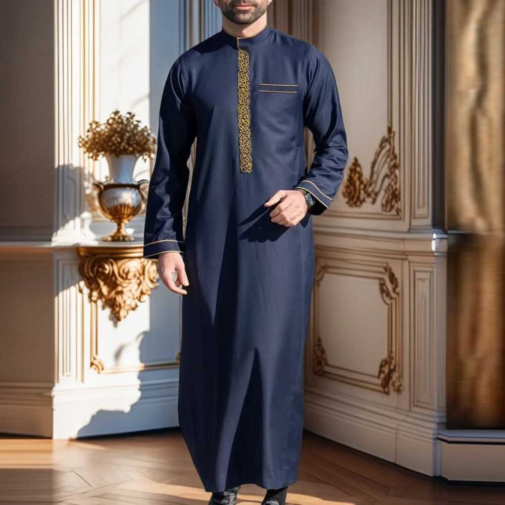 Arabic Robe Muslim Mens Thobe Prayer Dress Festive Clothes Stand Collar Long Sleeve Embroidered Ethnic Style Islamic Clothing W251216