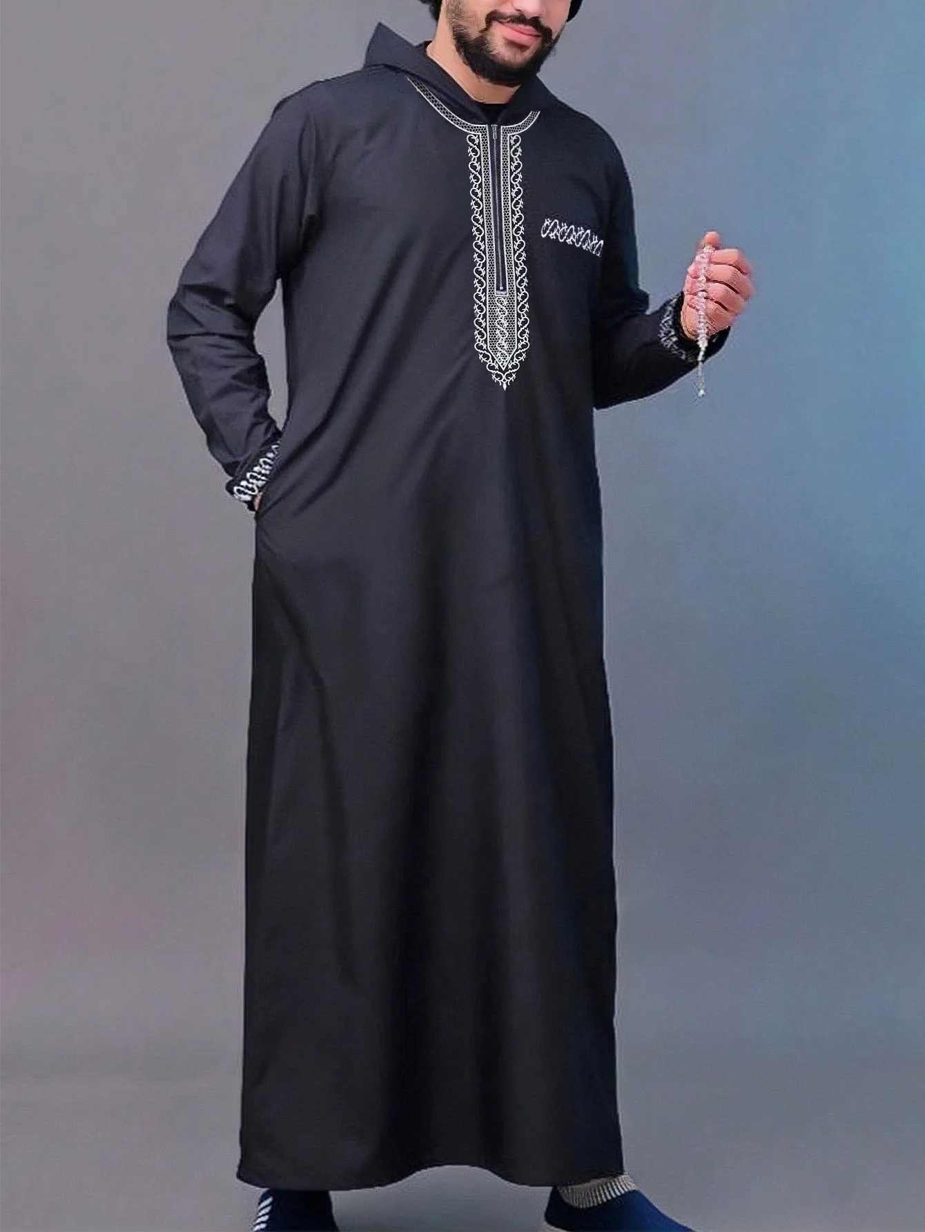 Mens Ethnic Pattern Embroidery Zipper Hooded Robe Traditional Long Sleeve Pocket Jubba Thobe for Daily Wear Man Islamic Thobe W251216