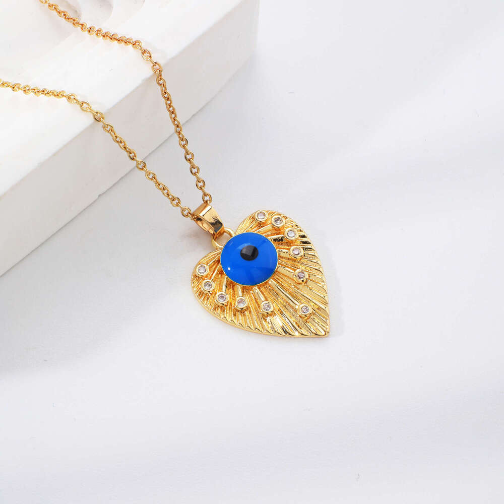 Kashi Cross-Border Pleated Heart Geometric Blue Eye Pattern Exquisitely Designed Zircon Necklace Wholesale Birthday Gift